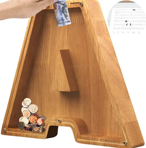 TreasureNest Coin Bank | Personalized wooden savings box in A-Z letter designs