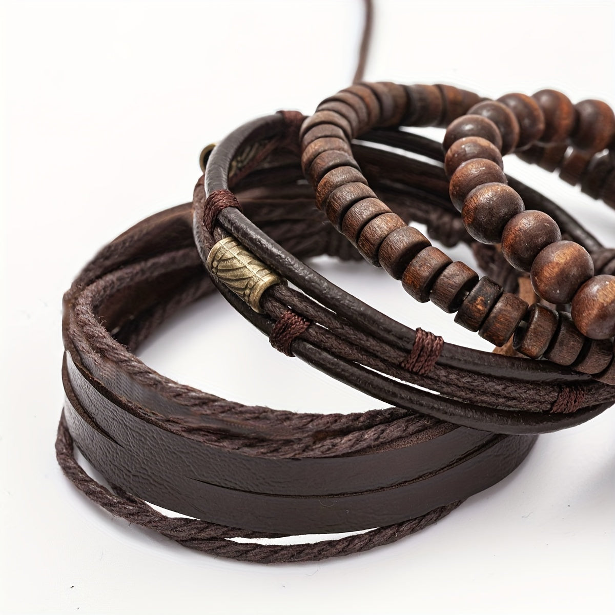 Stylish Leather and Wooden Bracelet Set - For the Modern Man