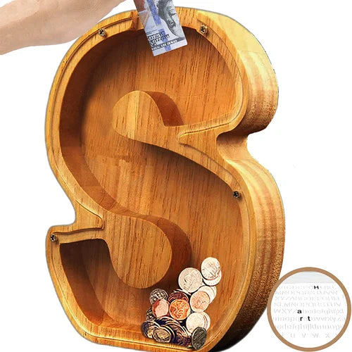 TreasureNest Coin Bank | Personalized wooden savings box in A-Z letter designs