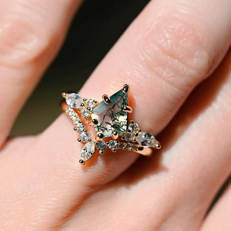 Stylish 2-Piece Moss Agate Ring Set - Serenia