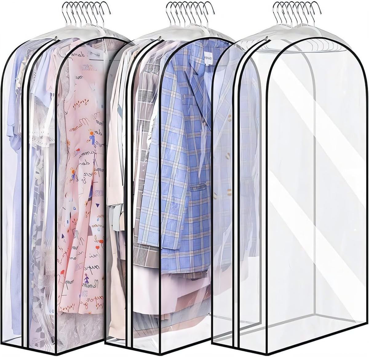 Clear Garment Covers with Side Pleats – 3-Pack Storage Bags with Side Zipper (Buy 1, Get 1 FREE)