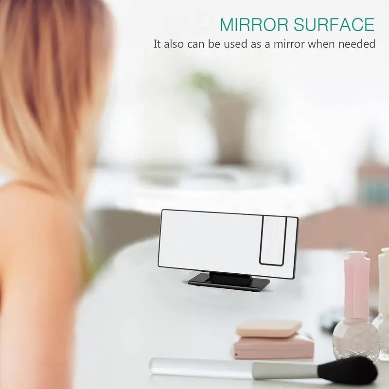 180° Adjustable LED Projection Alarm Clock – Snooze, 12/24H Time & Temperature Display, Mirror Design – USB Powered, Night Mode & Memory Function