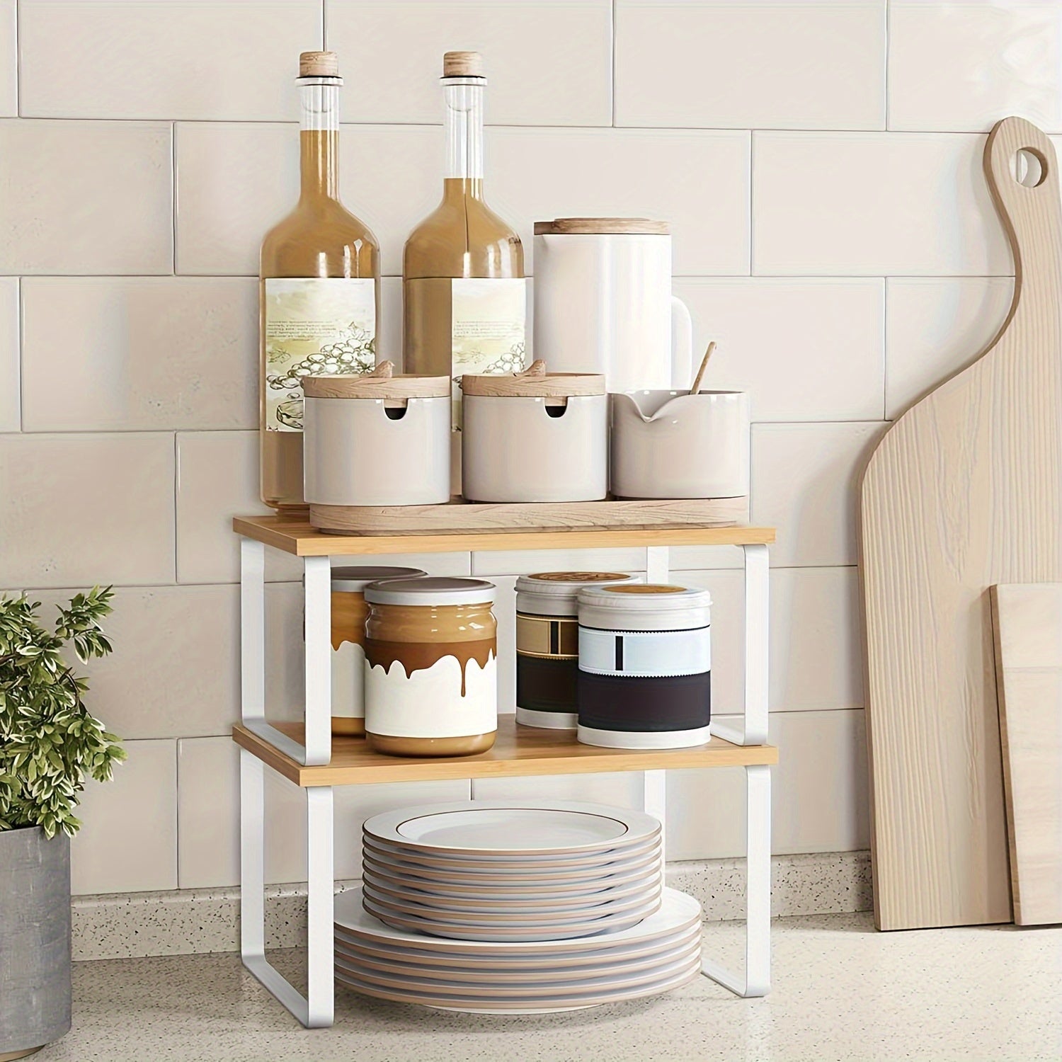 2-Piece Adjustable Bamboo Storage Racks – Stylish and Space-Saving for Cupboards or Worktops