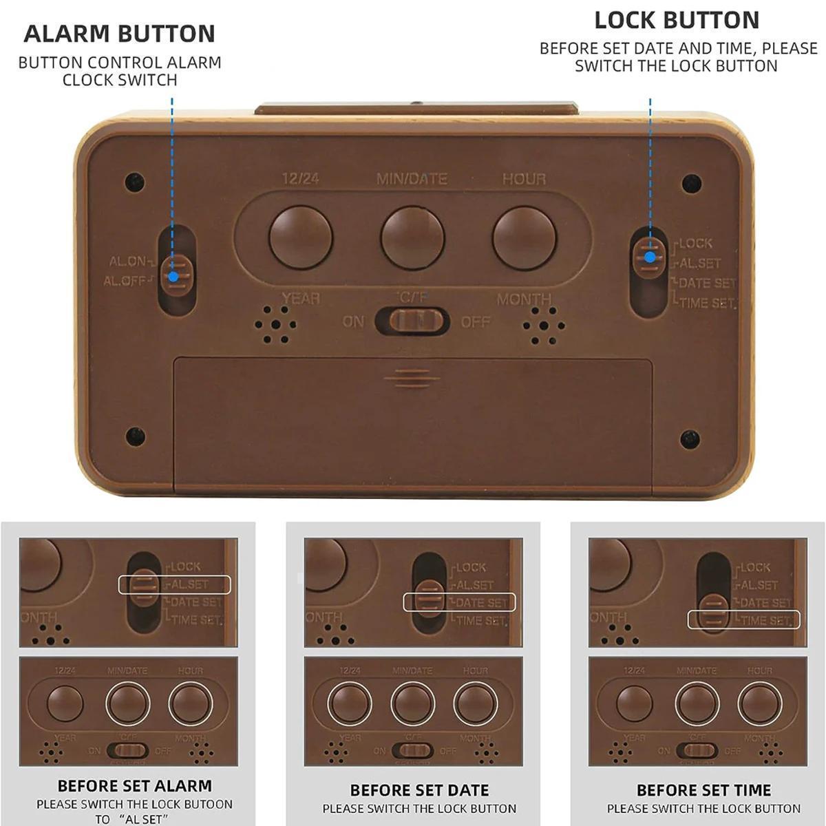 Wooden Digital Alarm Clock – LED Display with Temperature and Date