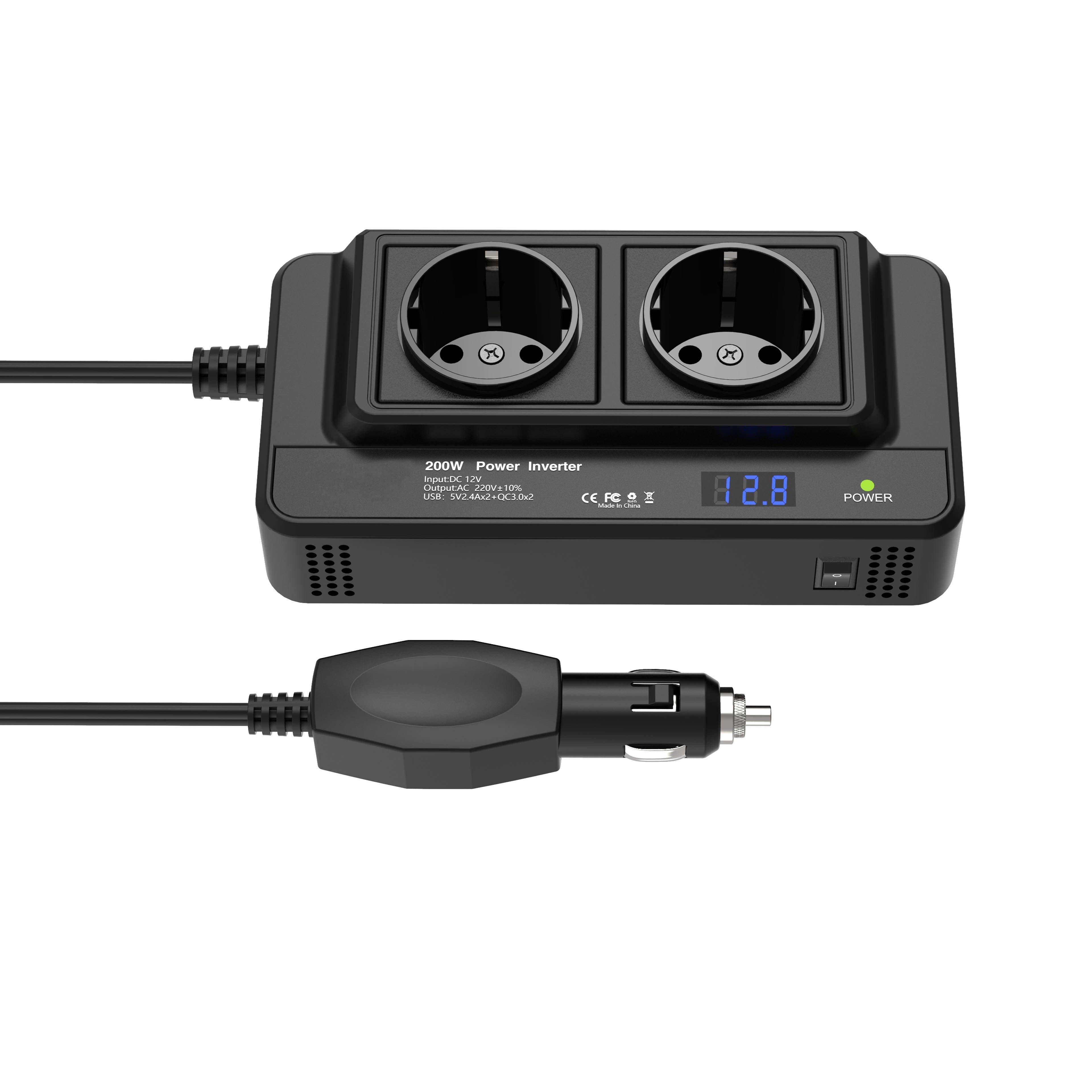 Compact 200W Car Inverter – Dual Sockets & Quad USB