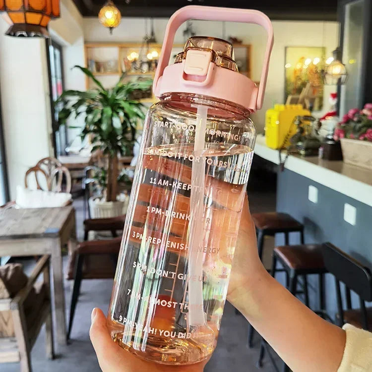 2L PORTABLE WATER BOTTLE WITH STRAW AND TIME MARKINGS FOR SPORT & FITNESS