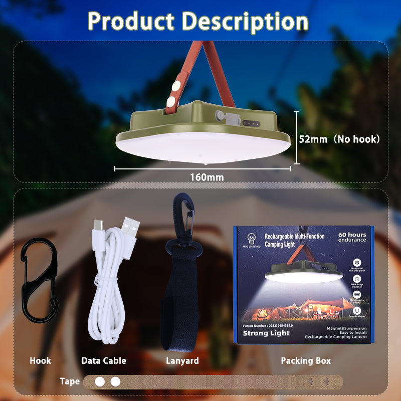 80W LED Solar Rechargeable Camping Lamp with Magnet and Zoom Function