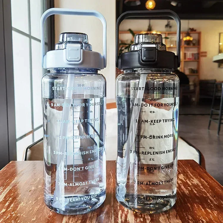 2L PORTABLE WATER BOTTLE WITH STRAW AND TIME MARKINGS FOR SPORT & FITNESS