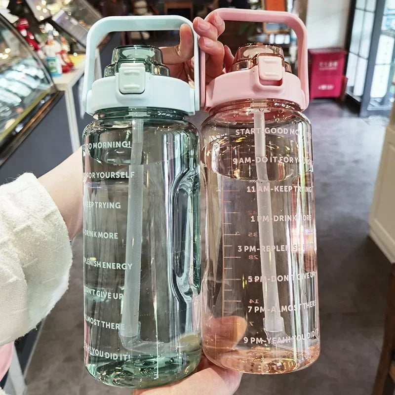 2L PORTABLE WATER BOTTLE WITH STRAW AND TIME MARKINGS FOR SPORT & FITNESS