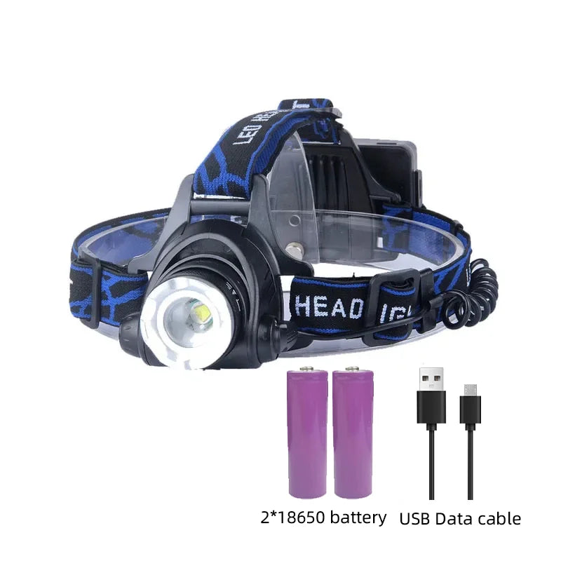 Powerful Waterproof LED Headlamp with Zoom & Rechargeable Battery for Outdoor Activities