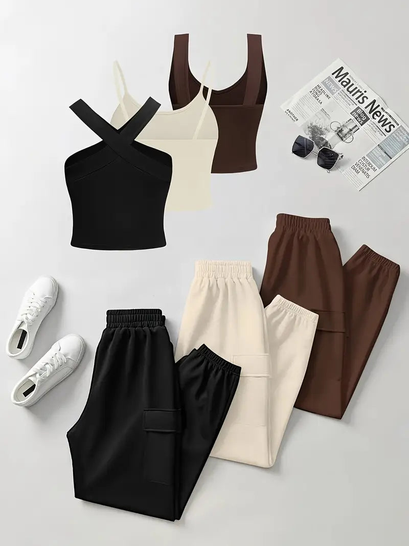 6-Piece Women's Casual Set for Spring/Summer Made from Knitted Fabric with Round Neck, Pocket and Elastic Waist, Polyester Blend
