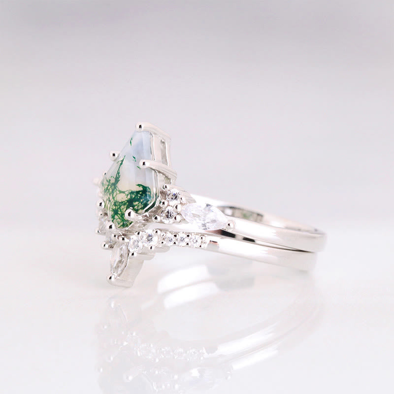 Stylish 2-Piece Moss Agate Ring Set - Serenia