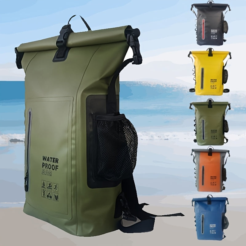 Waterproof 25L Roll-Top Rucksack with Multiple Pockets, Sturdy Buckle Seal, and Mesh Side Pocket
