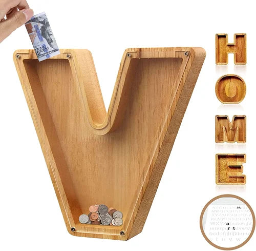 TreasureNest Coin Bank | Personalized wooden savings box in A-Z letter designs
