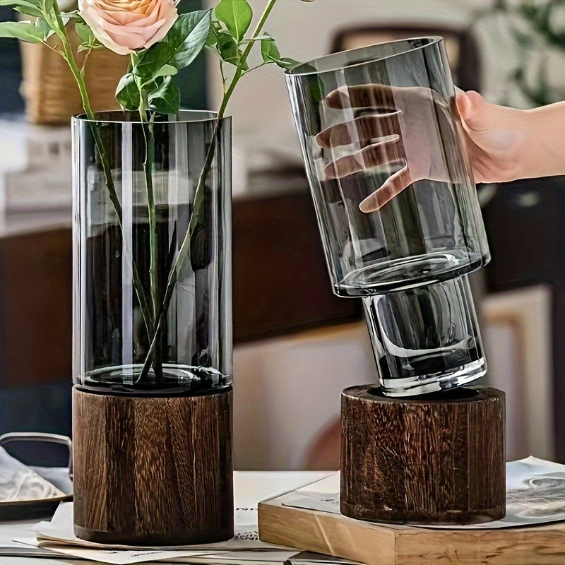 Luxury Glass Vase with Wooden Base - Elegant and Modern