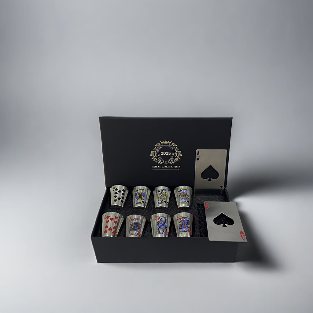 Royal Playing Cards Whiskey Glass Set – Stainless Steel & Bottle Openers