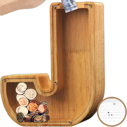 TreasureNest Coin Bank | Personalized wooden savings box in A-Z letter designs