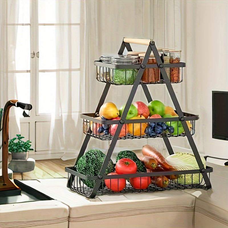 Two- and Three-Tier Storage Basket with Wooden Handle - Stylish Solution for Kitchen and Bathroom