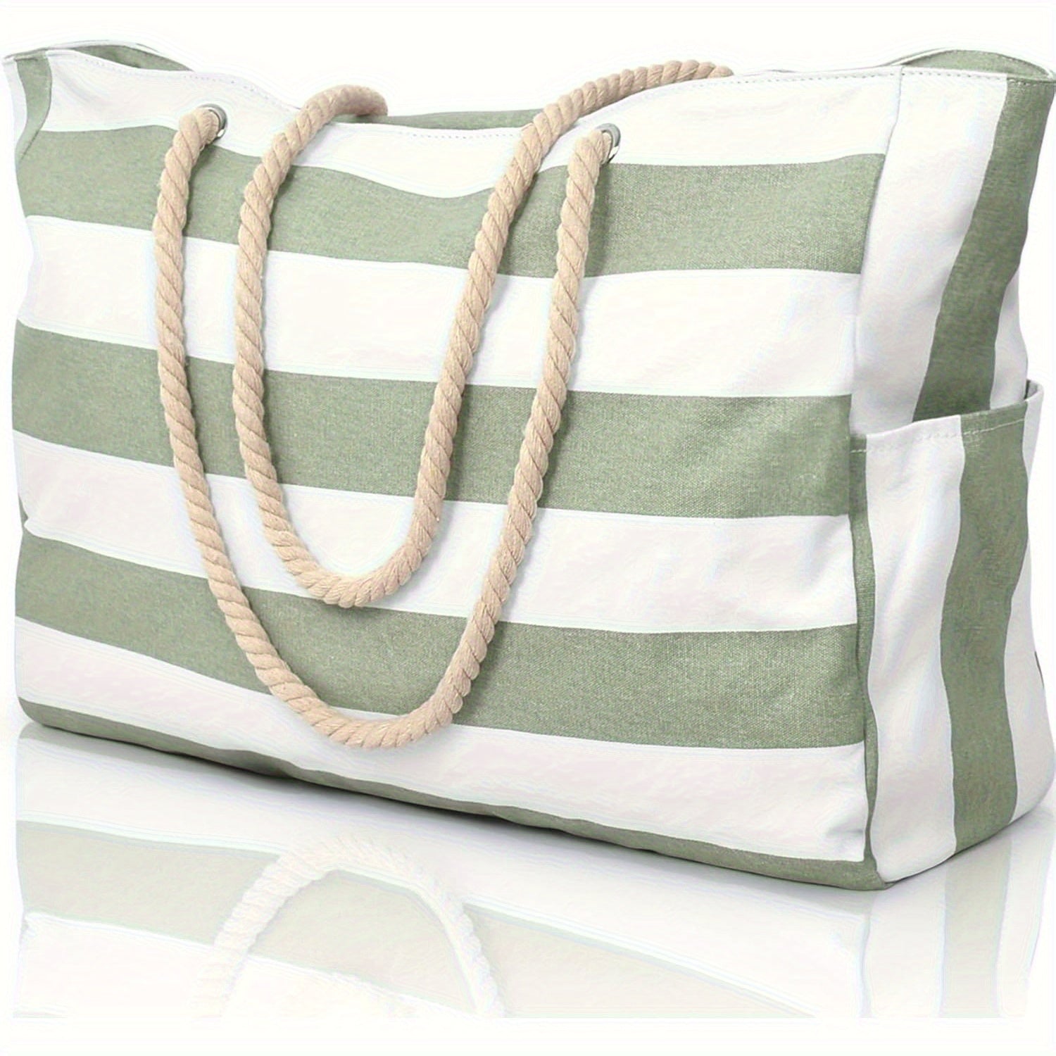 Striped Large Capacity Beach Bag – Durable Polyester with Zip