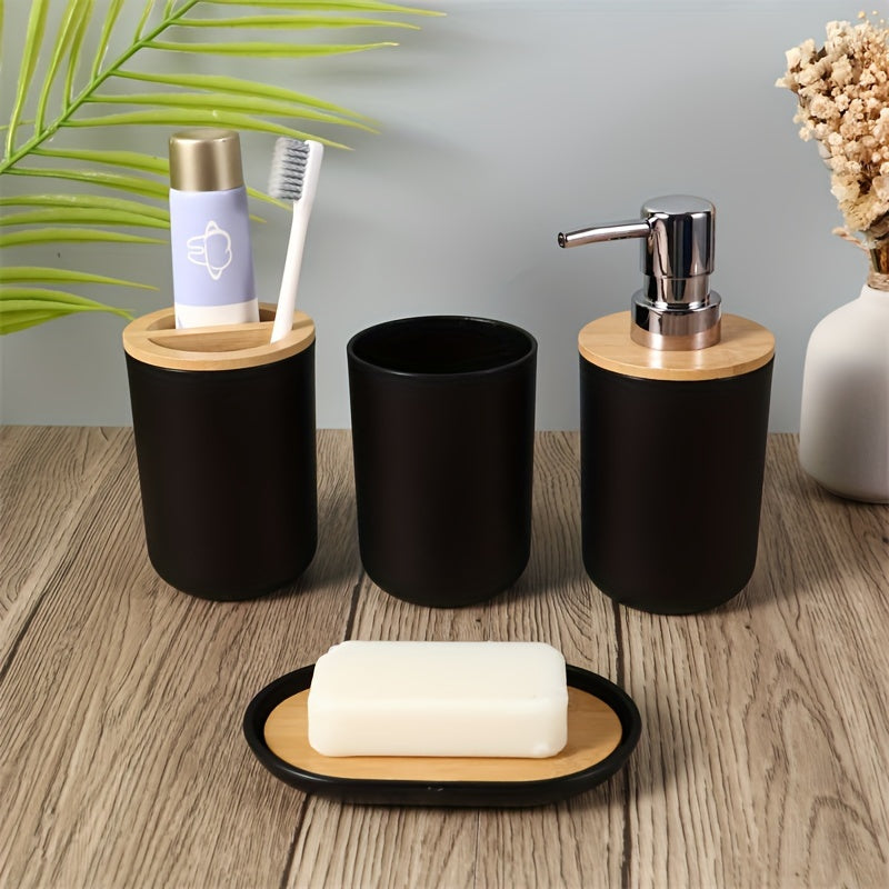 Bathroom Accessories Set with Bamboo Lid – 4-Piece Set for Bathroom Décor
