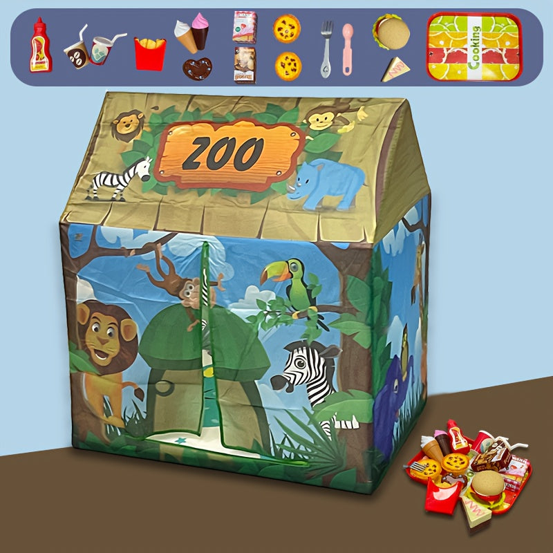 Safari Jungle Play Tent - Animal Themed Playhouse with Burger Set Toy