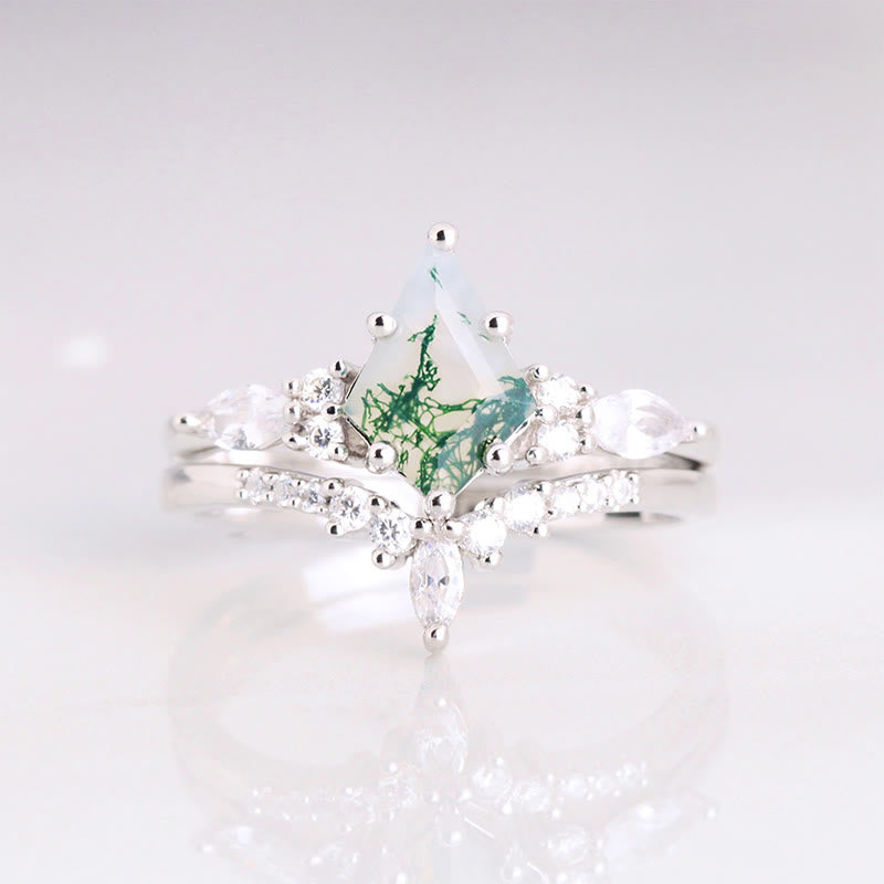 Stylish 2-Piece Moss Agate Ring Set - Serenia