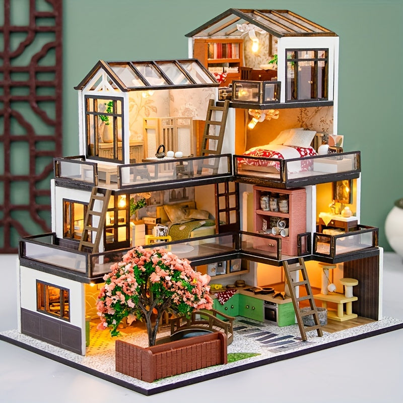 Miniature Villa 3D Puzzle Kit – Handmade Model with LED Lighting and Detailed Interior