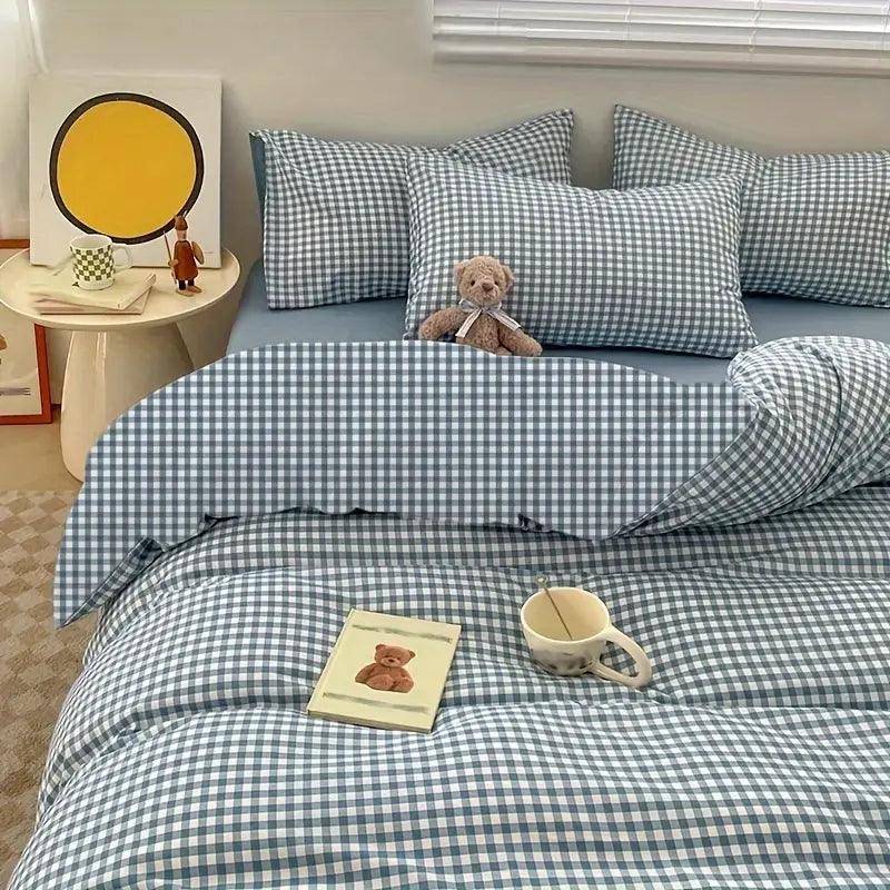 Blue Checked Duvet Cover - Korean Style | Soft & Durable