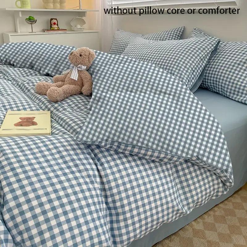 Blue Checked Duvet Cover - Korean Style | Soft & Durable