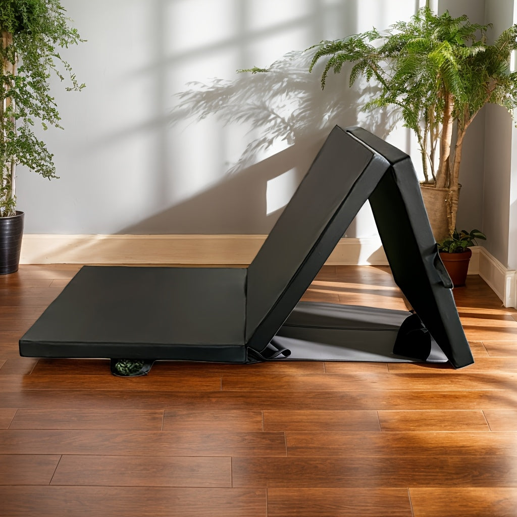 Portable tri-fold yoga mat with thick padding, non-slip PU surface, and handle