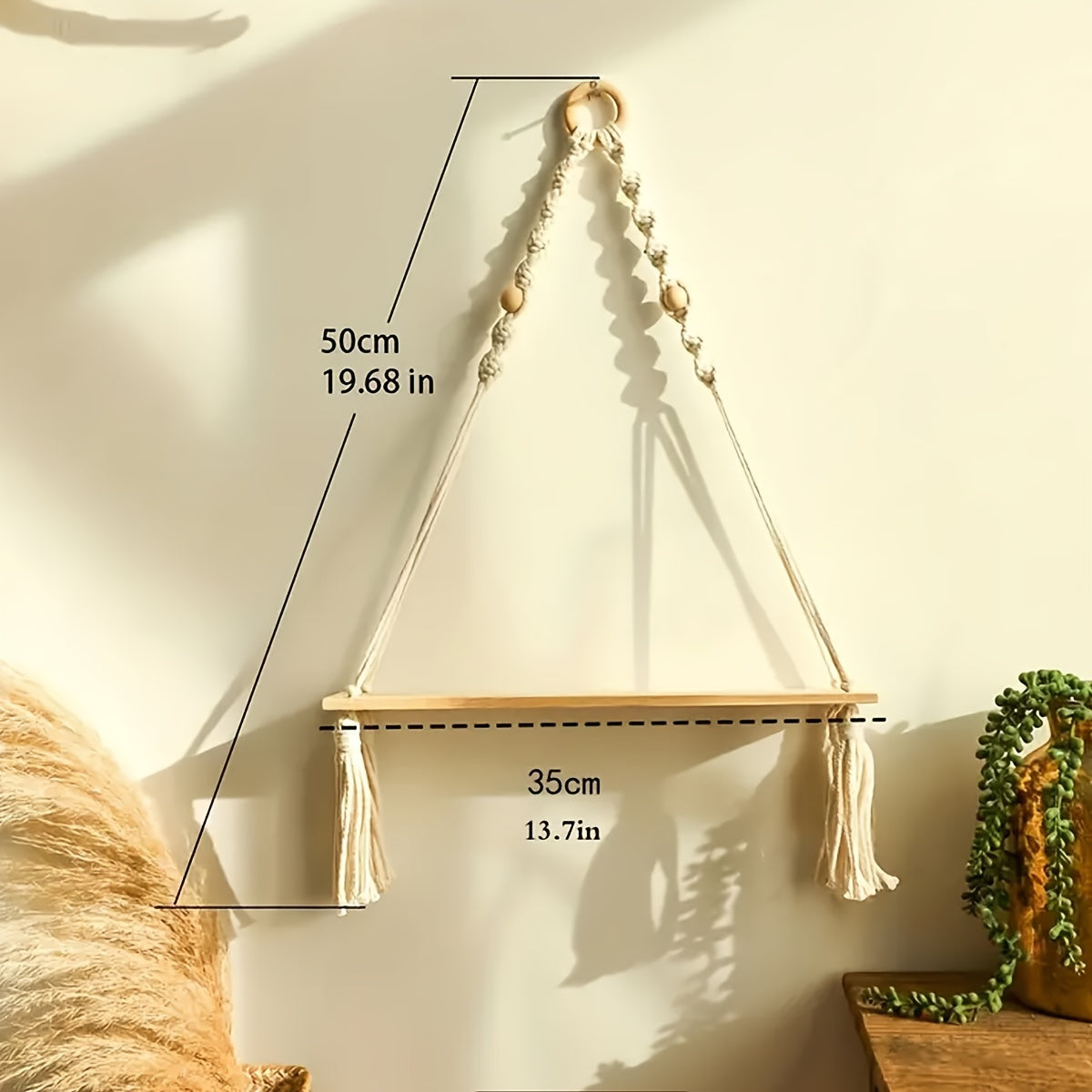 Boho Macramé Wall Shelf – Handmade Wooden Shelf with Rope Design for a Cozy Interior