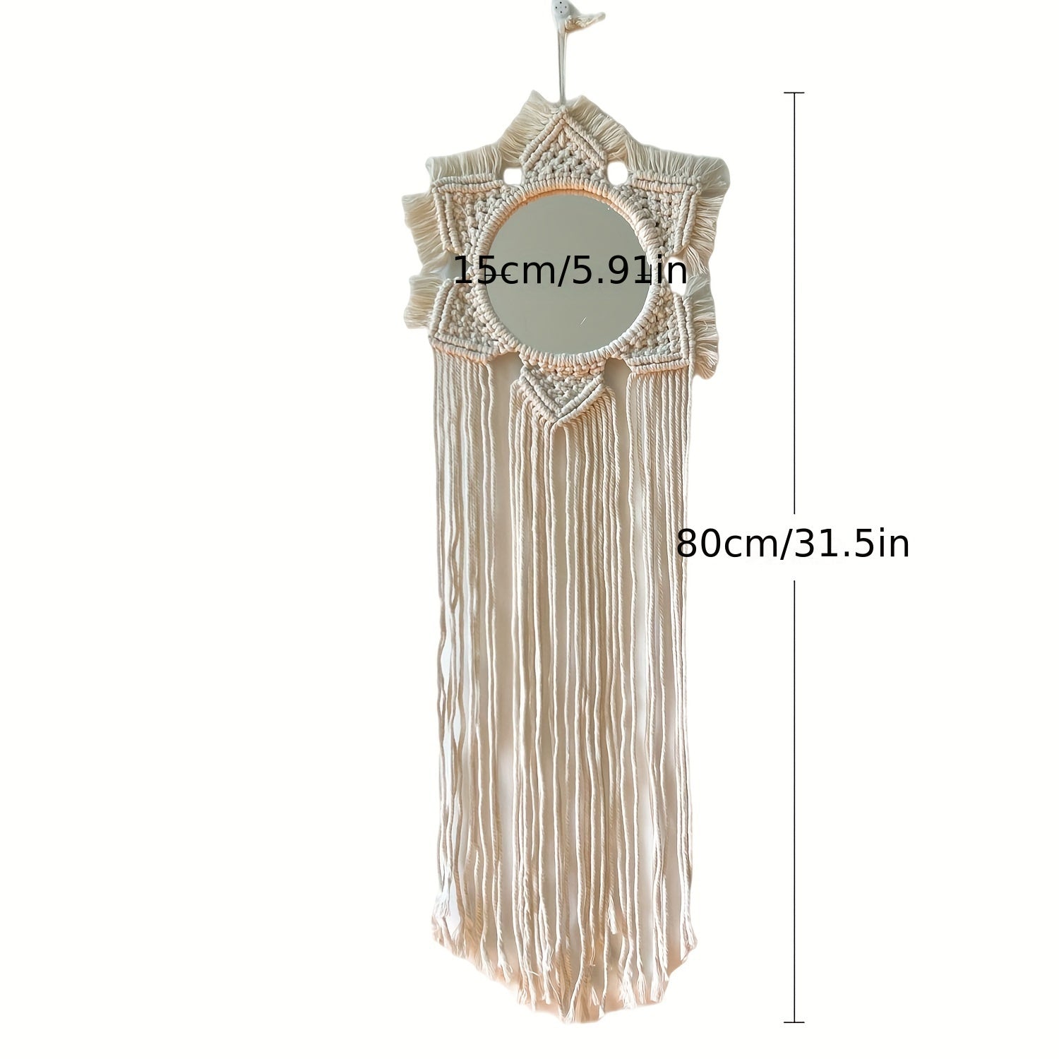 Boho Macramé Wall Mirror with Fringes – Decorative Mirror with Beads and Feathers