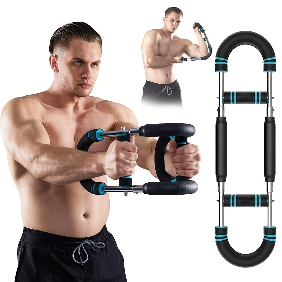 Adjustable Arm and Chest Muscle Trainer for Men with Stainless Steel Frame and Comfortable Blue Grips