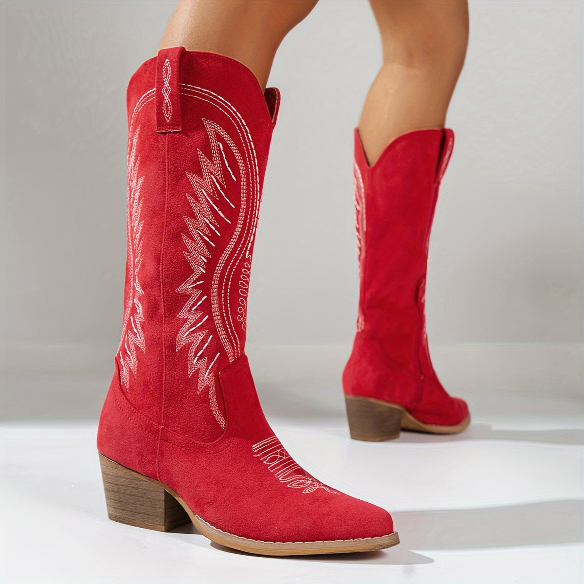 Ladies Embroidered Cowboy Boots with Pointed Toe and Mid-Heels