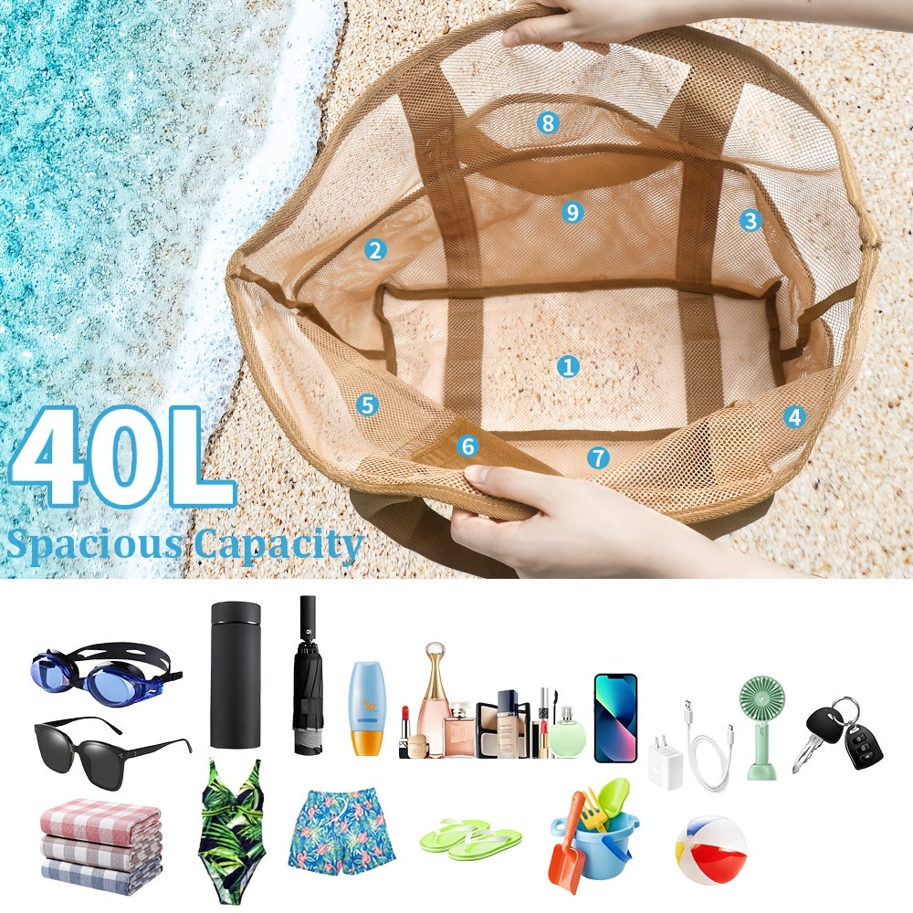 Light and Spacious Mesh Beach Bag – 40L Foldable Tote with Fixed Shoulder Straps and Open Top