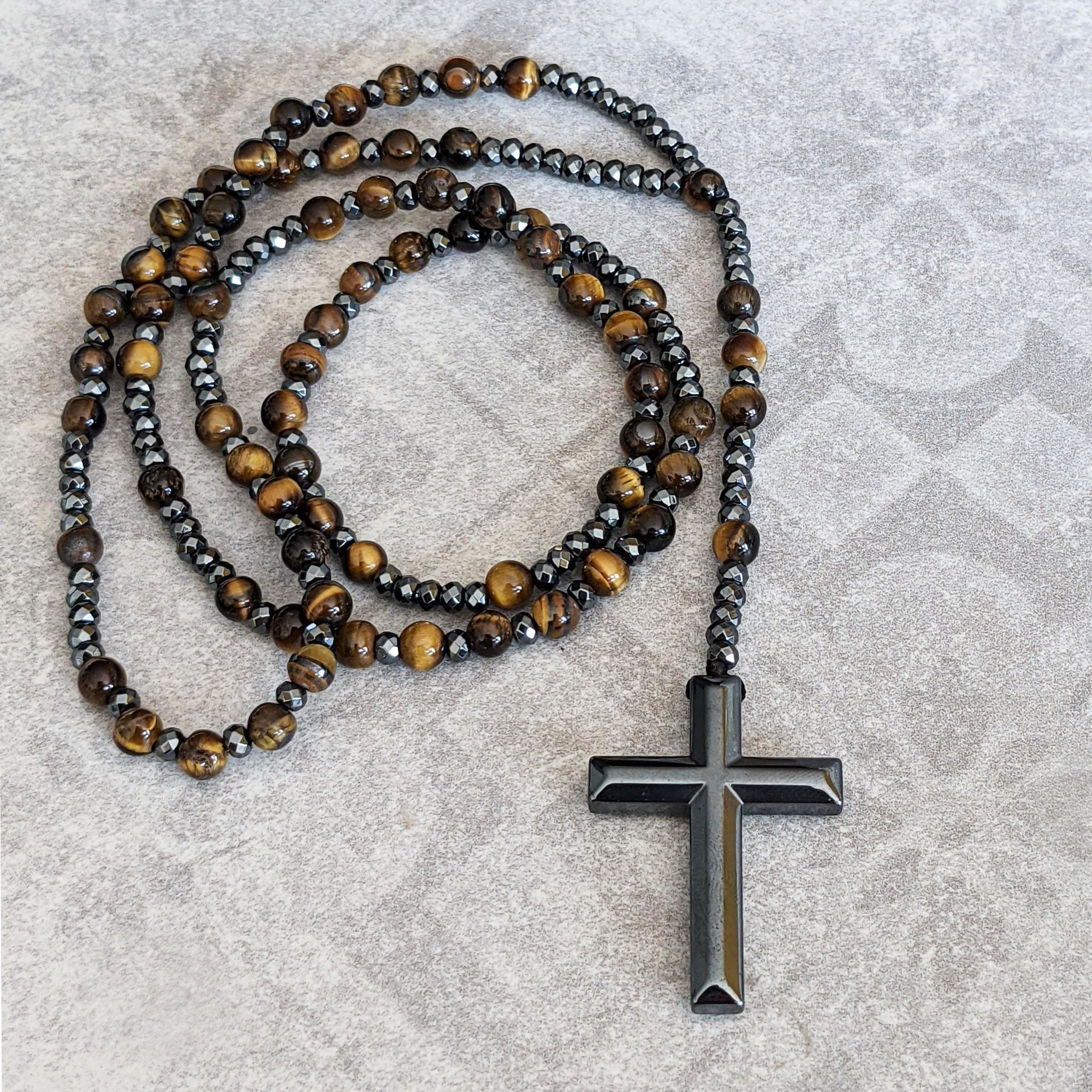 Tiger's Eye and Lapis Lazuli Cross Rosary Necklace for Men – Orion