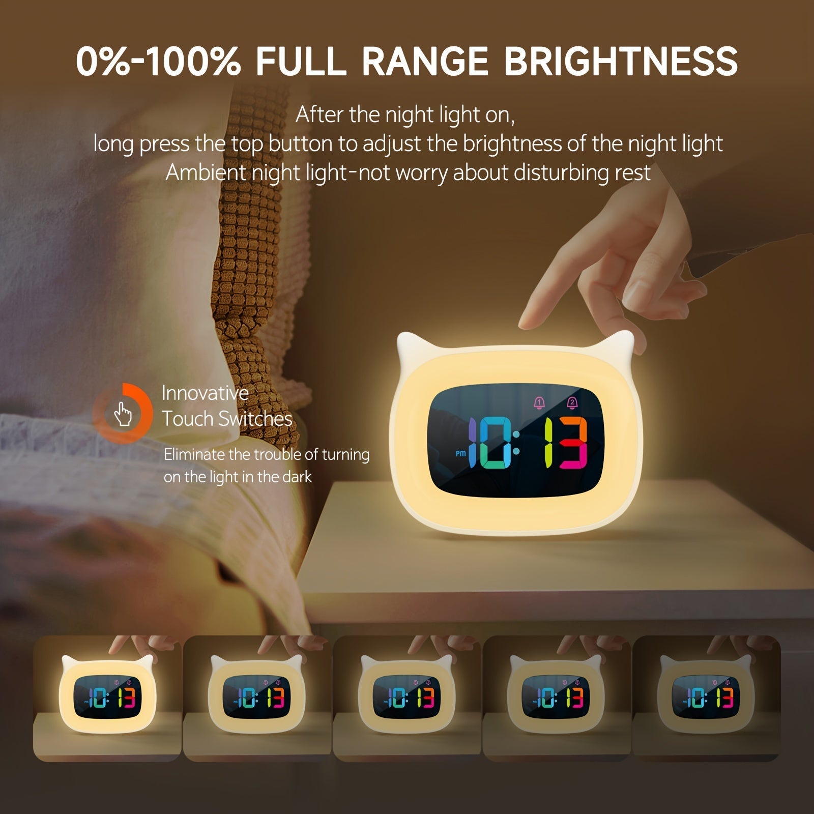 Cute Cat Ears Alarm Clock – RGB Night Light with 18 Melodies and USB Rechargeable