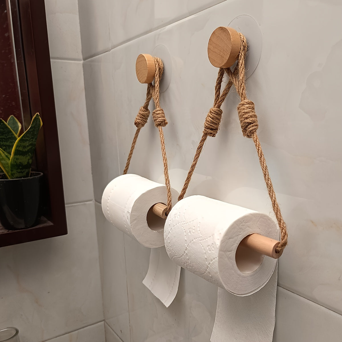 Rustic Toilet Paper Holder – Macramé Rope and Wooden Stick for Bathroom