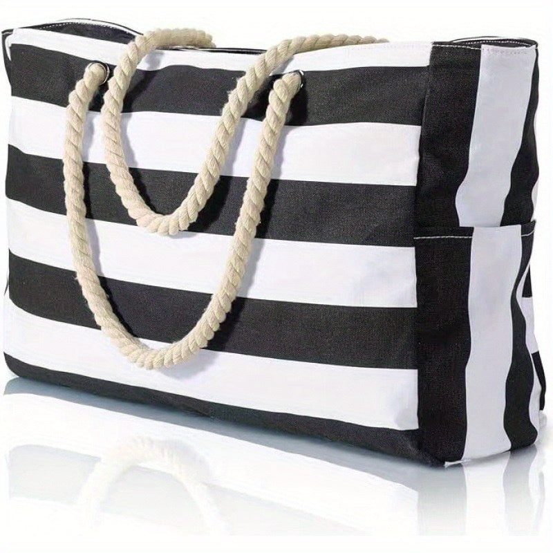 Striped Large Capacity Beach Bag – Durable Polyester with Zip