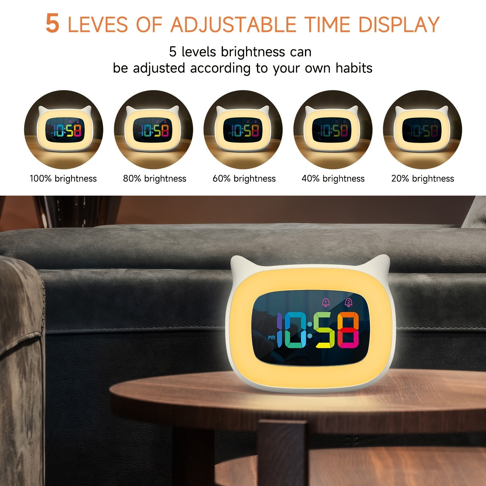 Cute Cat Ears Alarm Clock – RGB Night Light with 18 Melodies and USB Rechargeable