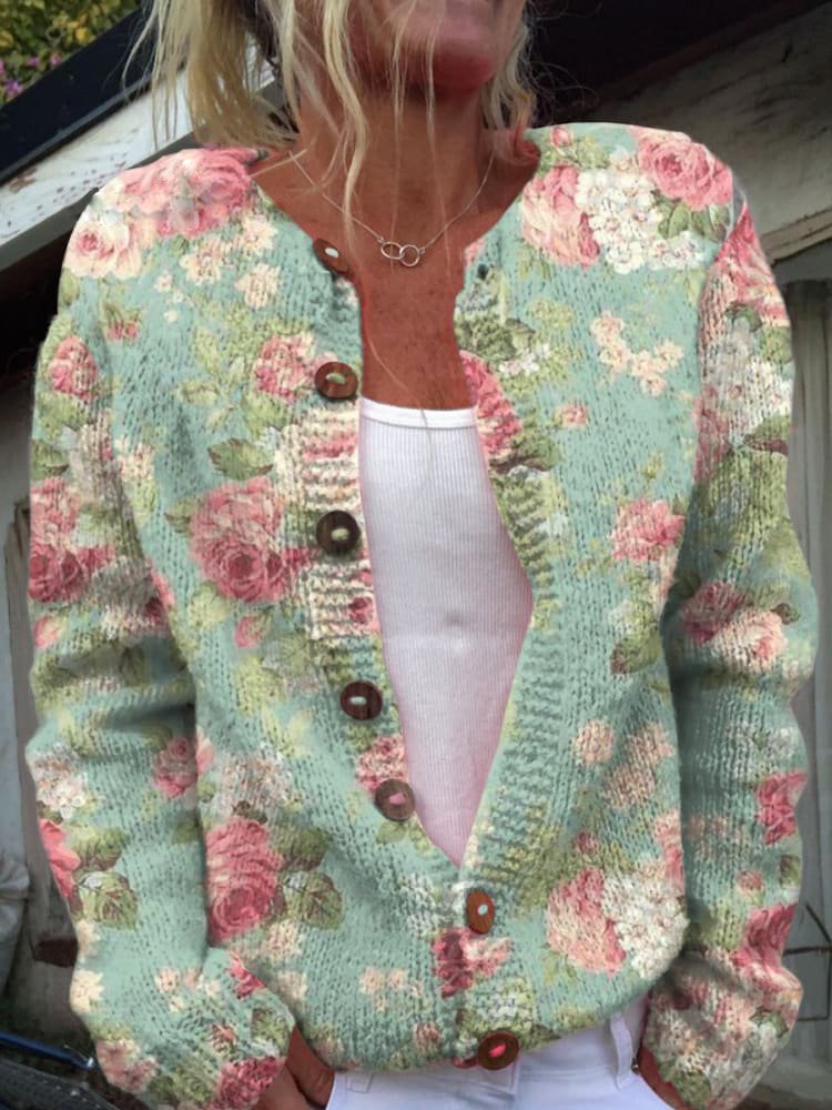 Knitted Cardigan for Women | Button Details & Floral Print