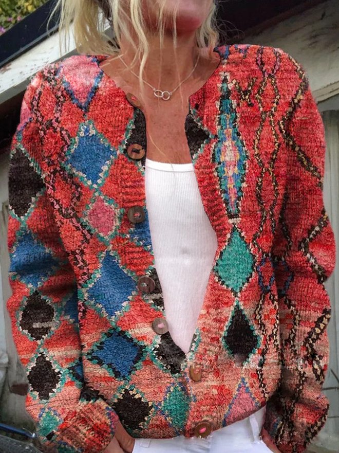 Knitted Cardigan for Women | Button Details & Floral Print