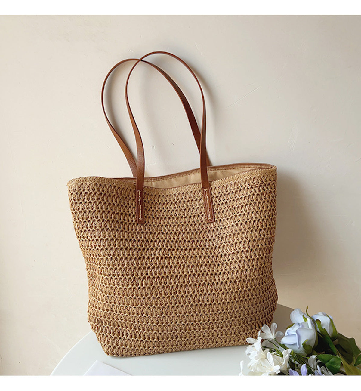 Woven Basket Bag with Leather Handles – SummerBreeze Tote
