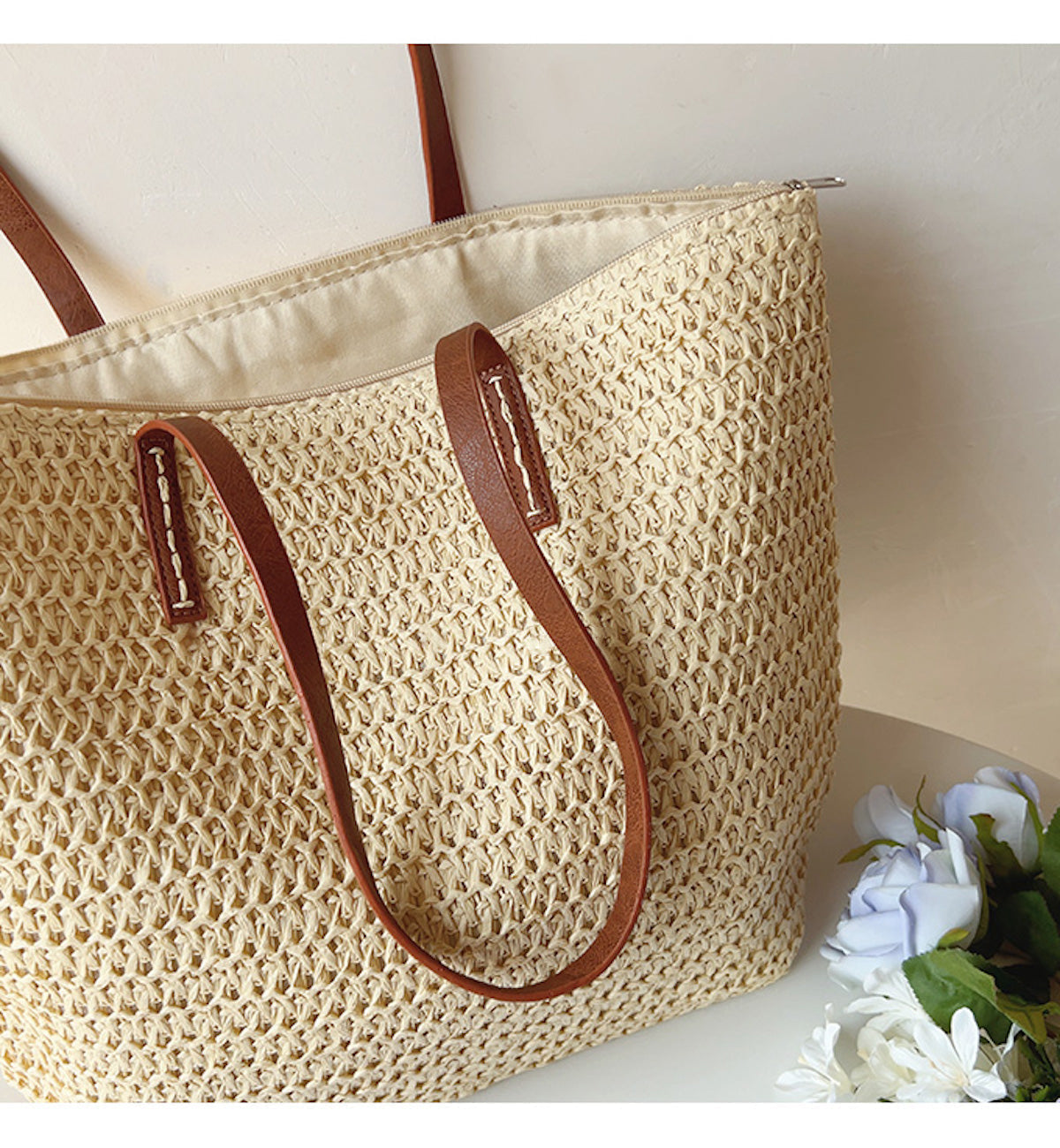 Woven Basket Bag with Leather Handles – SummerBreeze Tote