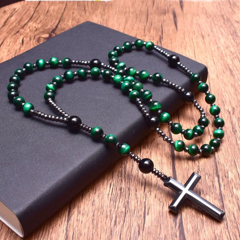 Tiger's Eye and Lapis Lazuli Cross Rosary Necklace for Men – Orion