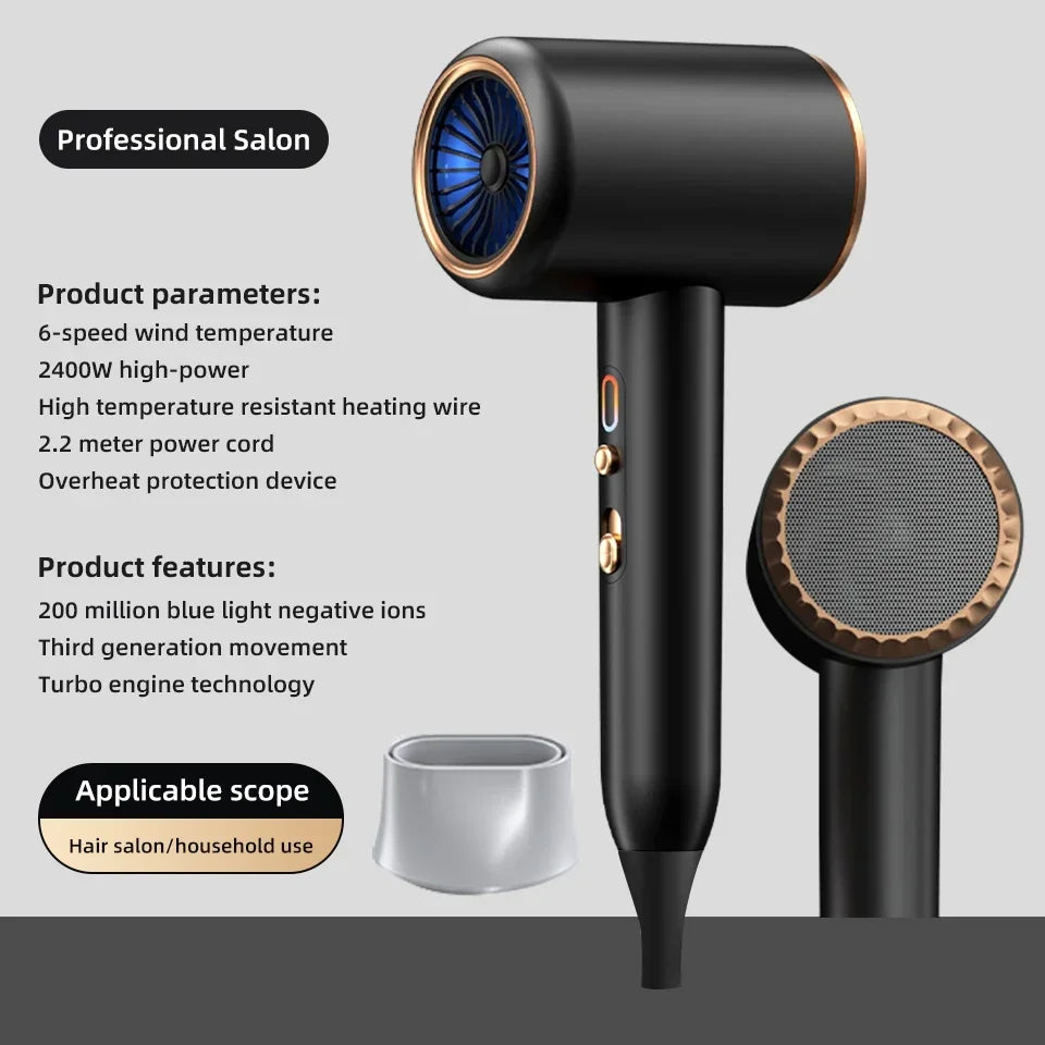 Professional Hair Dryer 2400W with Cool and Warm Air - Negative Ions - Powerful Hairdryer for Salon Results