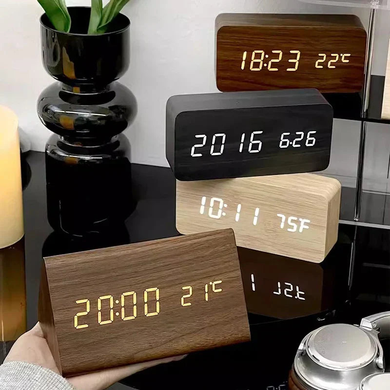 Alarm Clock - Wood Look LED Display - Voice Control & Temperature