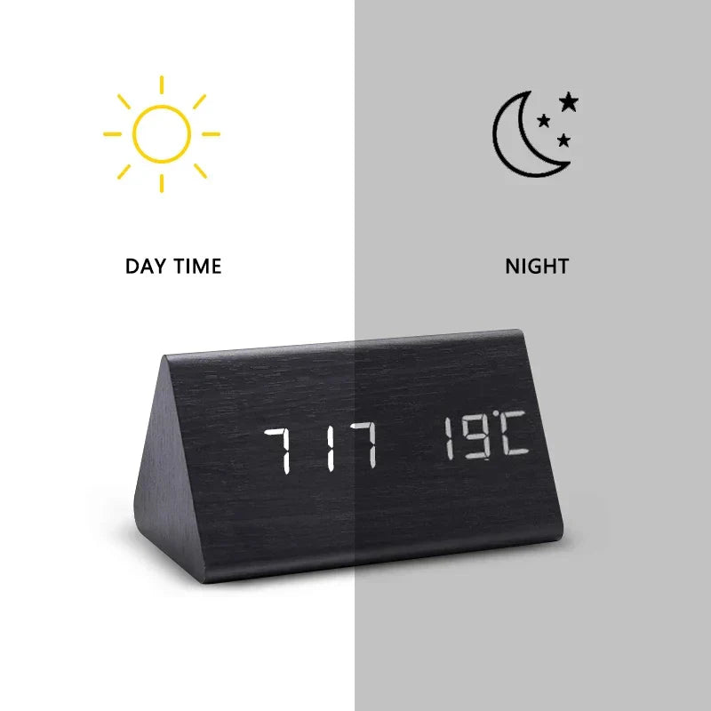 Alarm Clock - Wood Look LED Display - Voice Control & Temperature
