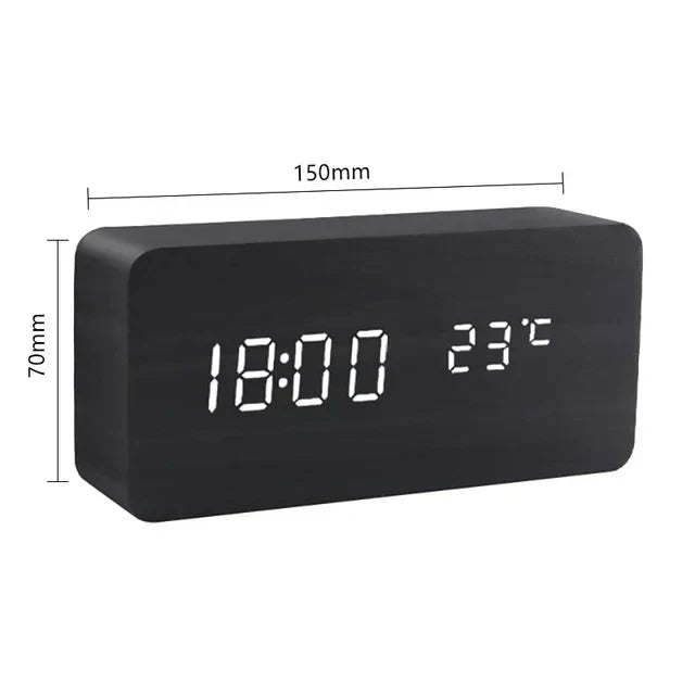 Alarm Clock - Wood Look LED Display - Voice Control & Temperature