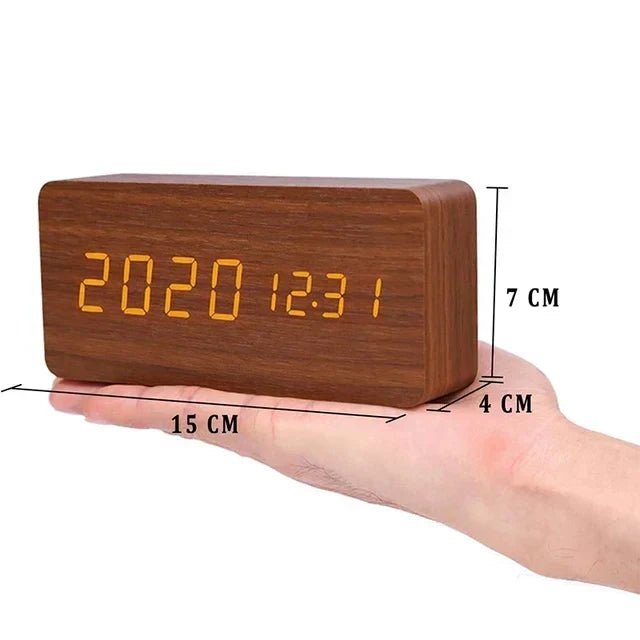 Alarm Clock - Wood Look LED Display - Voice Control & Temperature